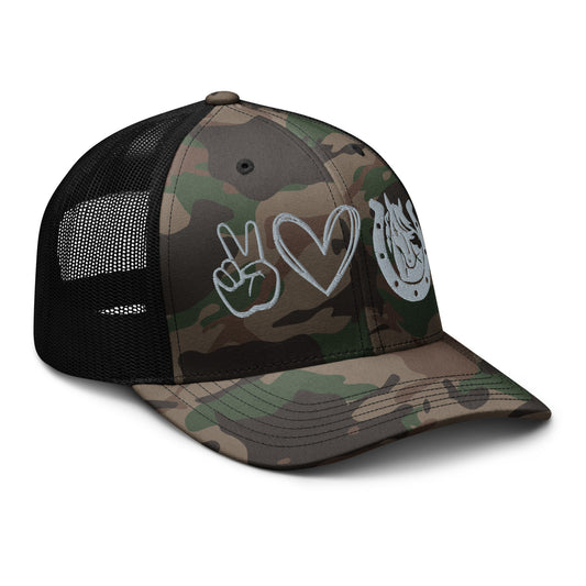 Peace, Love, Horses Camouflage trucker hat
